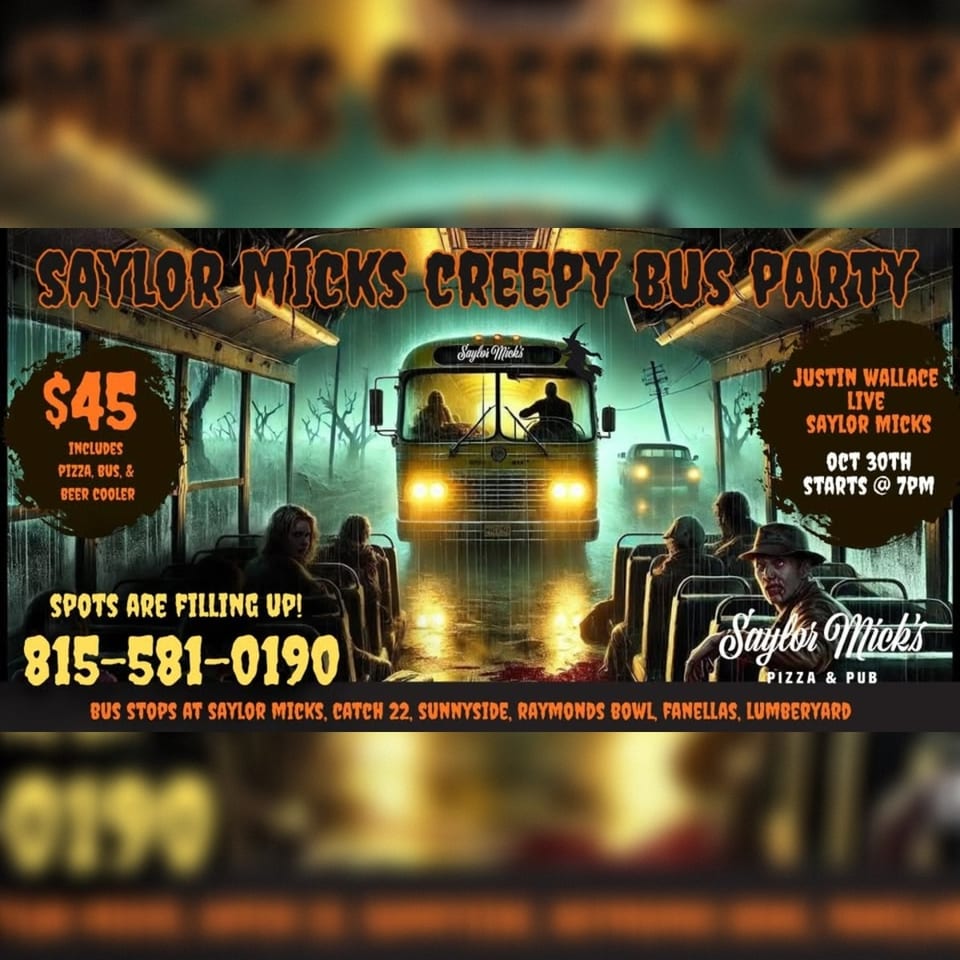 Halloween-themed Saylor Micks Pizza & Pub flyer featuring a creepy bus party, live music, event details, and seated passengers.