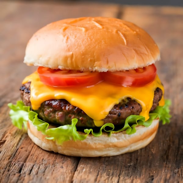Cheeseburger with melted cheese, tomato, and lettuce on a bun, on a rustic wooden surface.