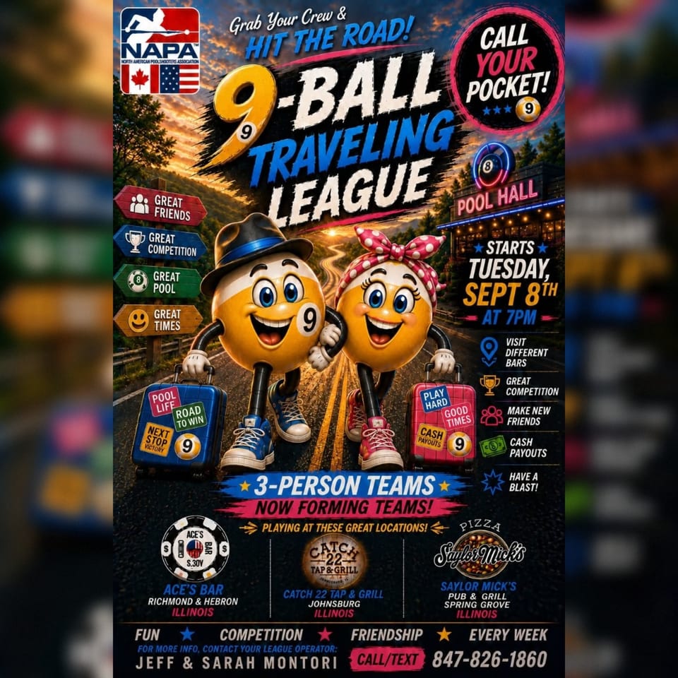 Promotional poster for 9-Ball Traveling League featuring pool-ball mascots, pool hall details, participating bars, and team registration information.