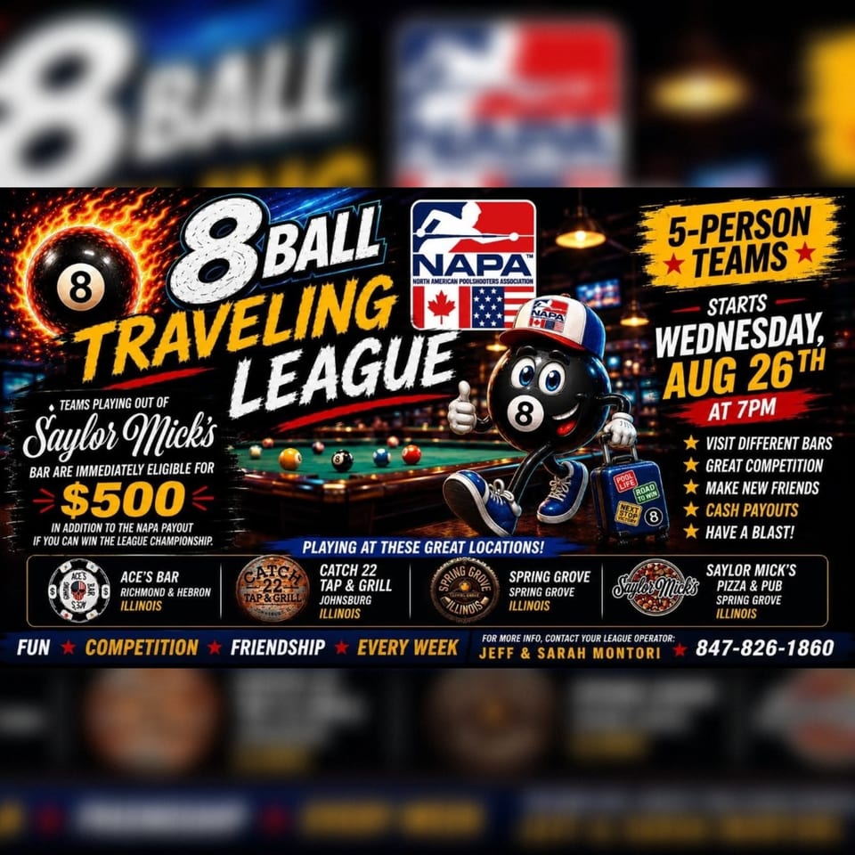 Promotional graphic for an 8-Ball Traveling League featuring a pool table, cartoon eight-ball mascot, NAPA logo, and participating Illinois bars.