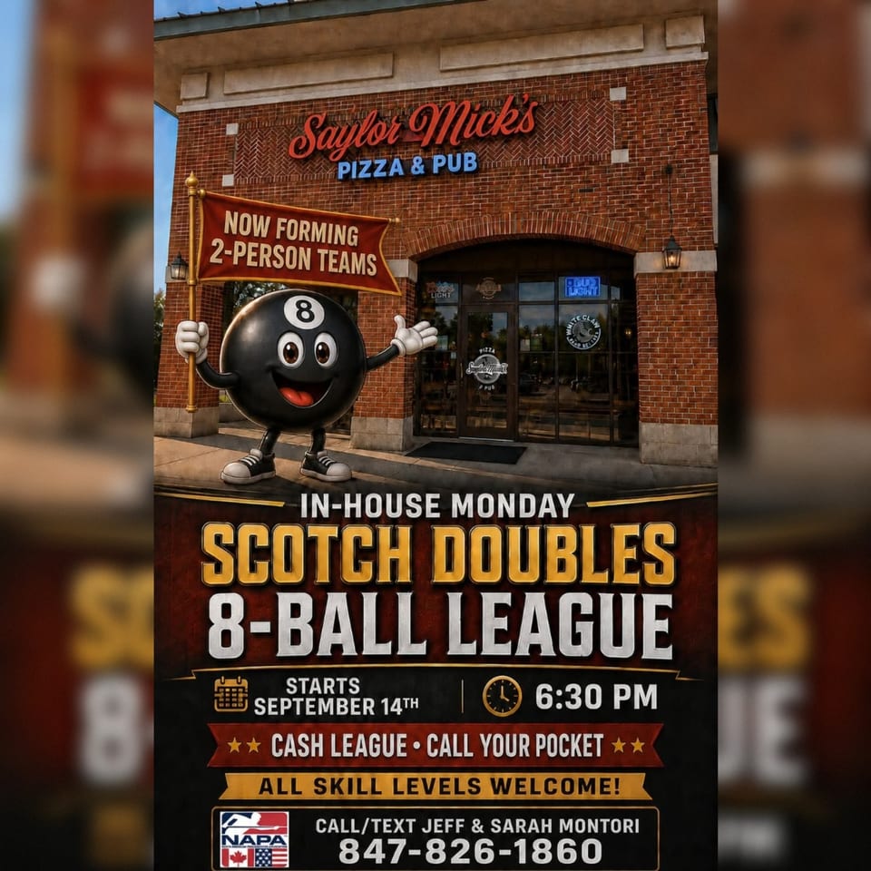 Saylor Mick’s Pizza & Pub storefront poster featuring a cartoon 8-ball mascot promoting Monday Scotch Doubles 8-ball league.