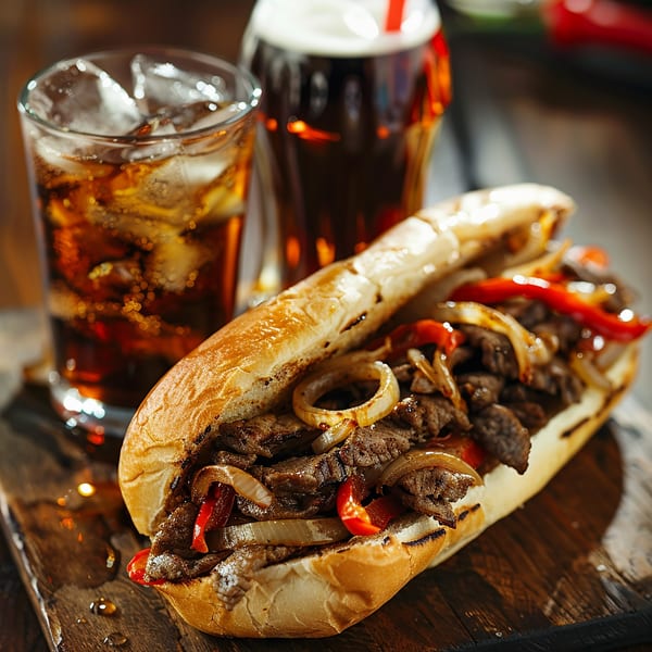 A steak and cheese sub with onions and peppers, served with two glasses of soda.